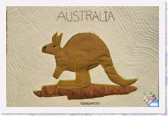 Gday Mate *  Australian quilts, pillows, and crafts, wall hanging Australian Animals:This quilt has the most popular of the native animals and birds.The colors are color brown or light coffe color ,with a light brownand an interesting aboriginal print for the border of the quilt in differentbrowns.Also has been embroidered with the Husqvarna Viking Rose.This particular Quilt has been Machine quilted. It is a piece of reminder of Down Under. * (15 Slides)